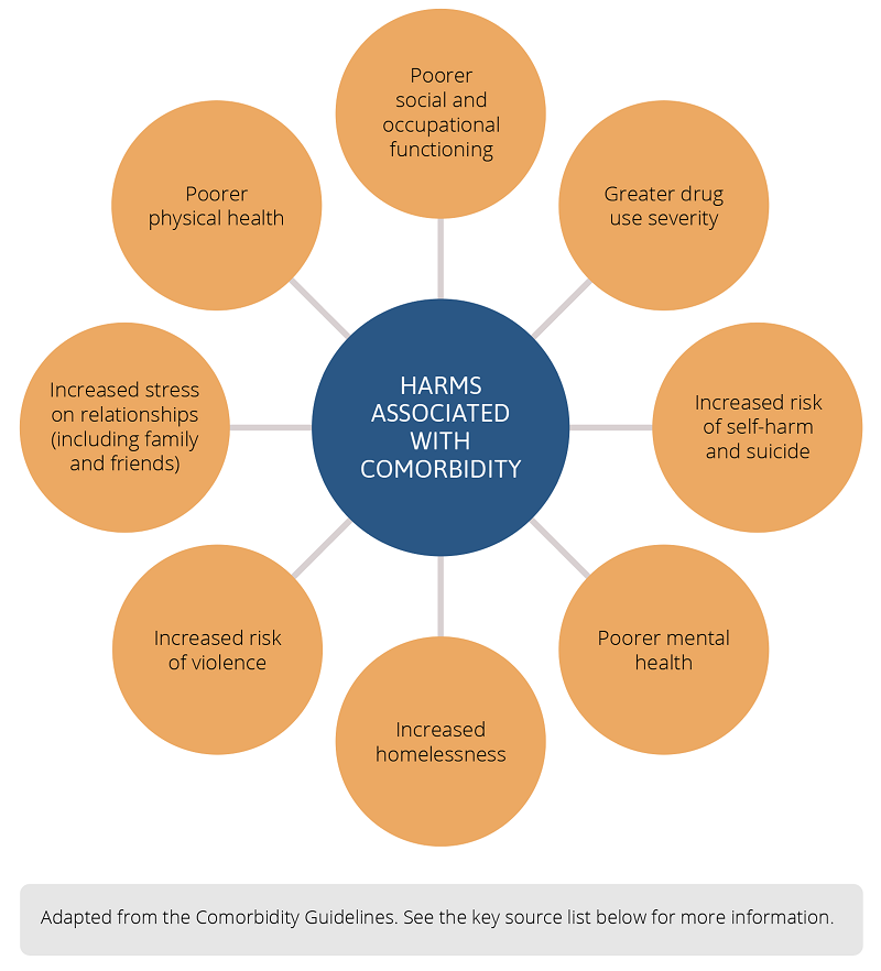 Infographic showing harms associated with comorbidity, including greater drug use severity, increased risk of self-harm and suicide, poorer mental health, increased homelessness, increased risk of violence, increased stress on relationships, poorer physical health, poorer social and occupational functioning. The infographic has been adapted from the Comorbidity Guidelines. Refer to the key source list below for more information